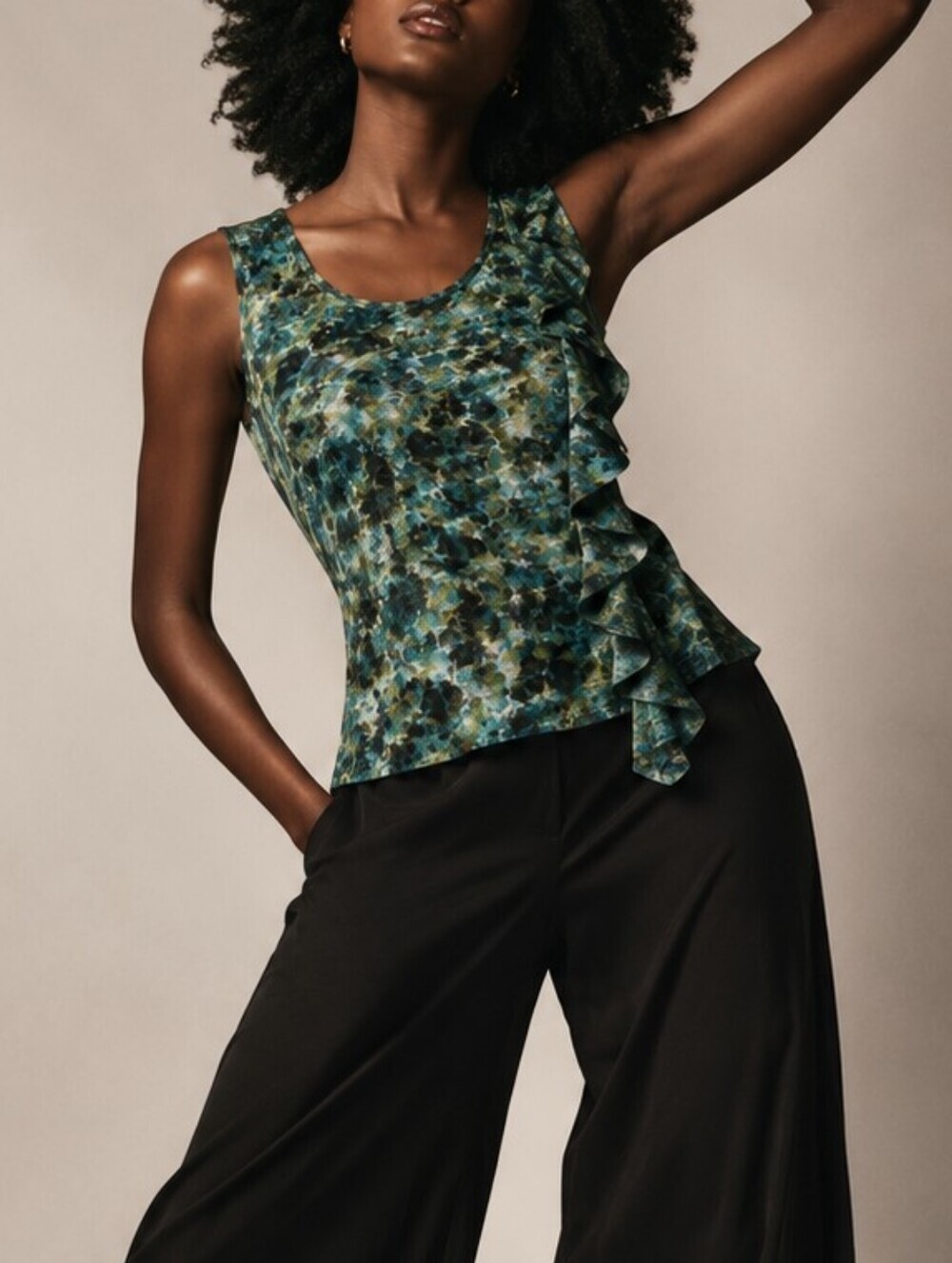 Olive, Teal.& Black Ruffle Sleevless Top